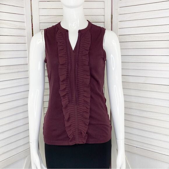 Ann Taylor Loft Ruffle Front Sleeveless Shirt Maroon Petite XSmall - Picture 1 of 6